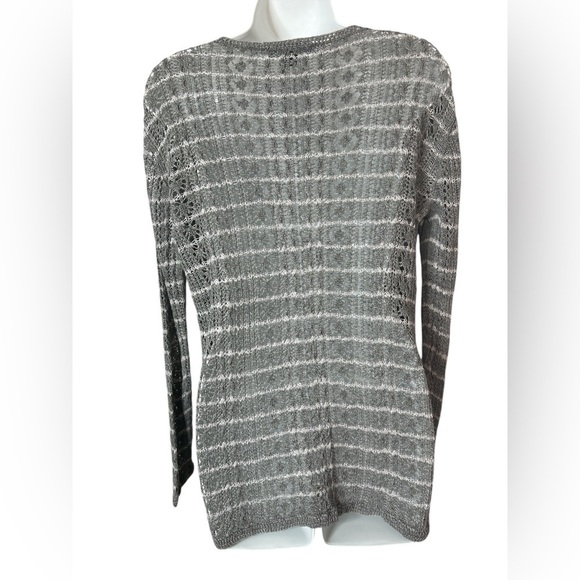 Tommy Bahama Open Knit Gray Striped Long Sleeve Linen Sweater Top Women’s M - Picture 2 of 11